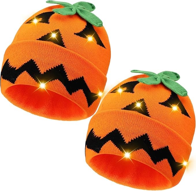 2 Pcs Halloween Light Up Beanie Cute LED Glowing Pumpkin Ghost Hat Novelty Beanie Caps for Men Women – photo 2 of 2