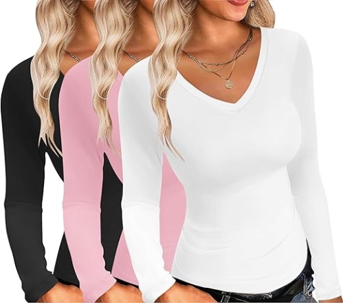 Womens 3 Pack Long Sleeve Shirts V Neck Slim Fit