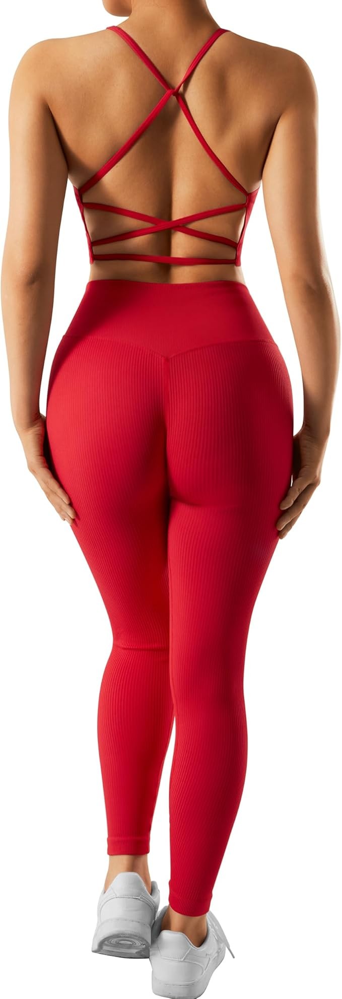 RXRXCOCO Ribbed Workout Sets for Women 2 Piece Backless Strappy Sports Bra Seamless Leggings Matching Set Yoga Outfits – photo 4 of 5