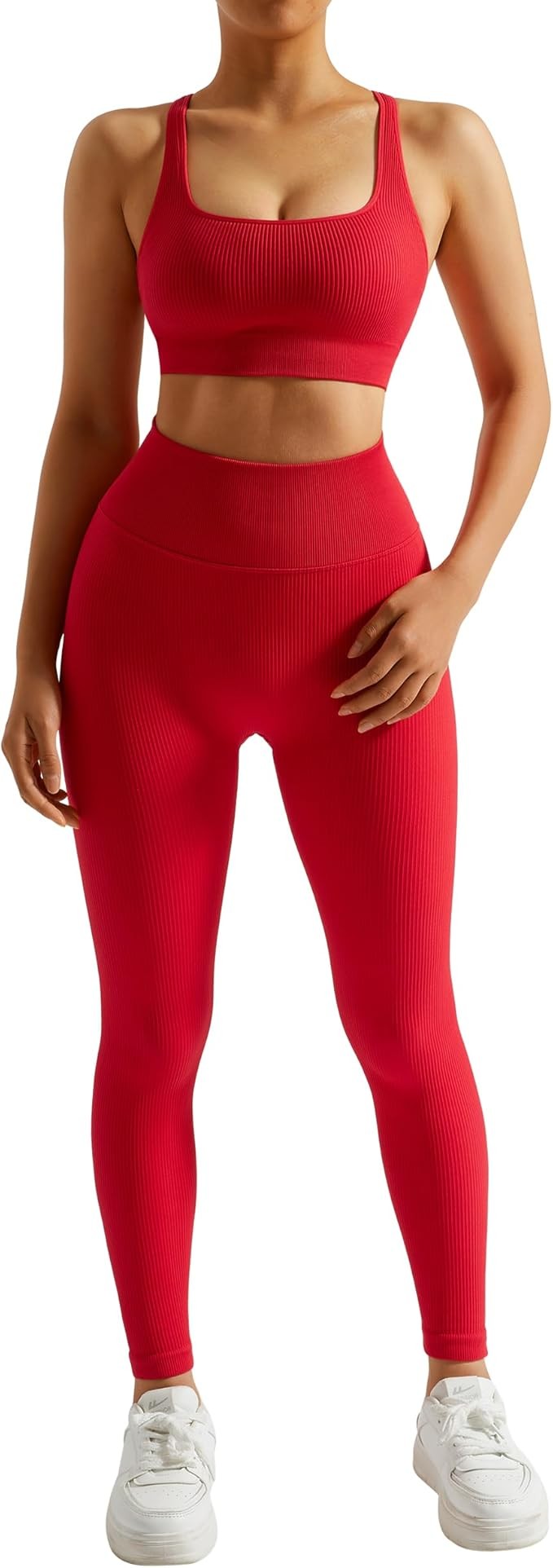 RXRXCOCO Ribbed Workout Sets for Women 2 Piece Backless Strappy Sports Bra Seamless Leggings Matching Set Yoga Outfits – photo 3 of 5