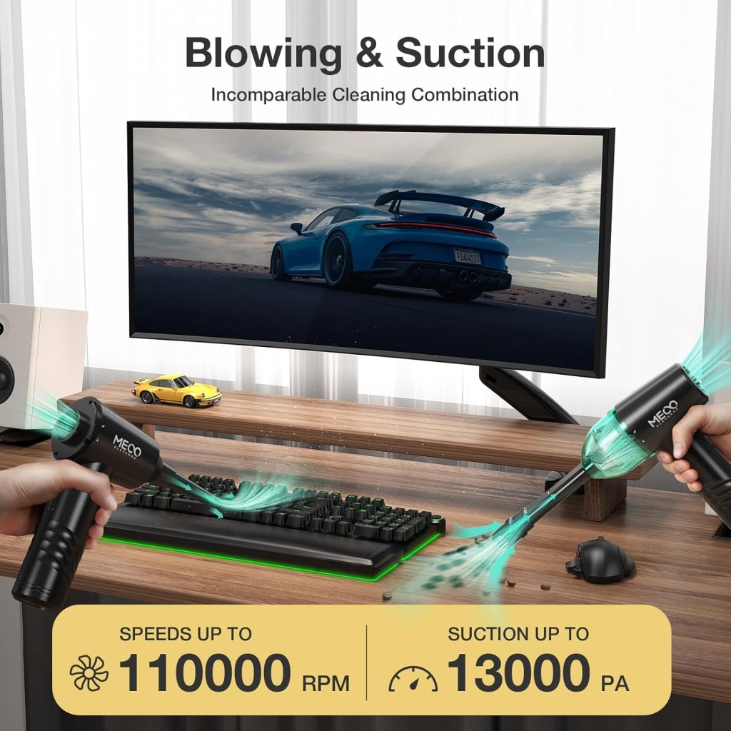 Compressed Air Duster & Mini Vacuum Cleaner 4in1, MECO 3 Gear 110000RPM Electric Air Blower, 13000PA Keyboard Cleaner, Handheld Vacuum Cordless Air Duster for PC/Computer/Keyboard/Sofa/Car (Green) – photo 2 of 5