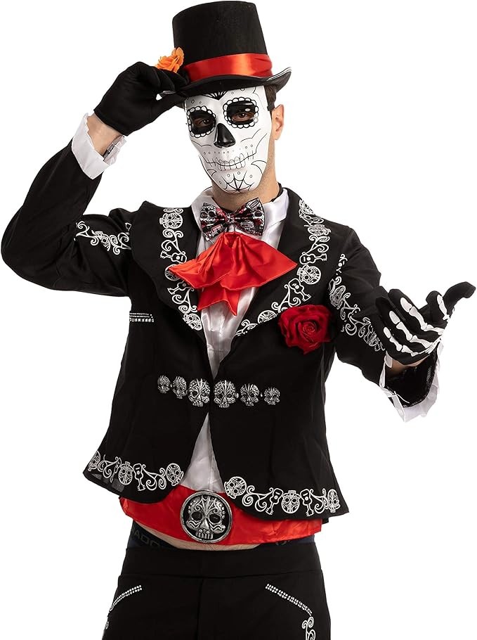 Spooktacular Creations 4 Pcs Halloween Day of the Dead Costume Accessories Set for Men Including 1 Pair of Skeleton Gloves, 1 Men’s Hat and 1 Bow Tie for Halloween Cosplay Party – photo 5 of 5