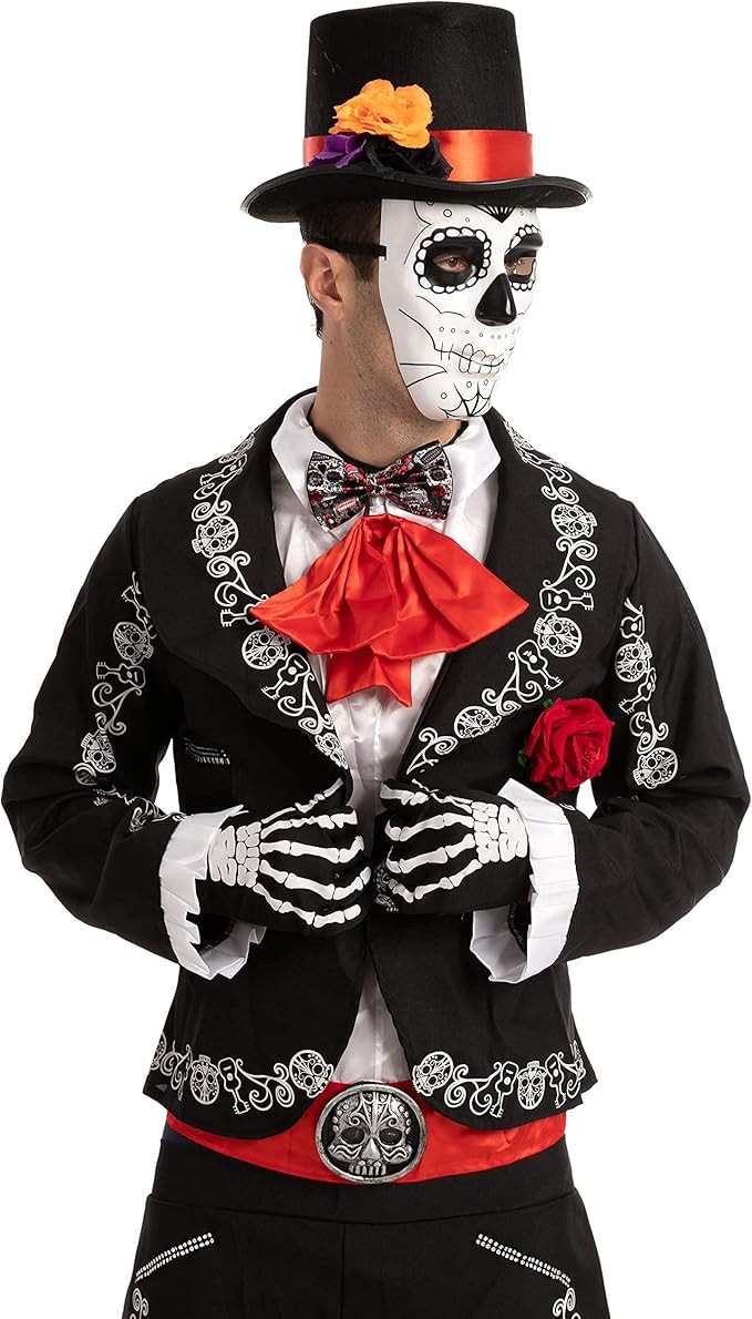 Spooktacular Creations 4 Pcs Halloween Day of the Dead Costume Accessories Set for Men Including 1 Pair of Skeleton Gloves, 1 Men’s Hat and 1 Bow Tie for Halloween Cosplay Party – photo 2 of 5