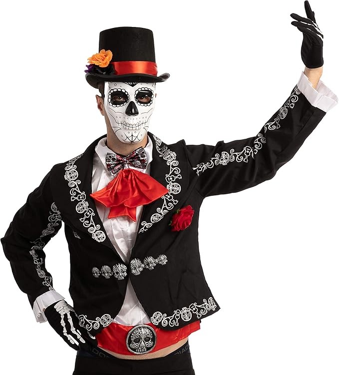 Spooktacular Creations 4 Pcs Halloween Day of the Dead Costume Accessories Set for Men Including 1 Pair of Skeleton Gloves, 1 Men’s Hat and 1 Bow Tie for Halloween Cosplay Party – photo 4 of 5