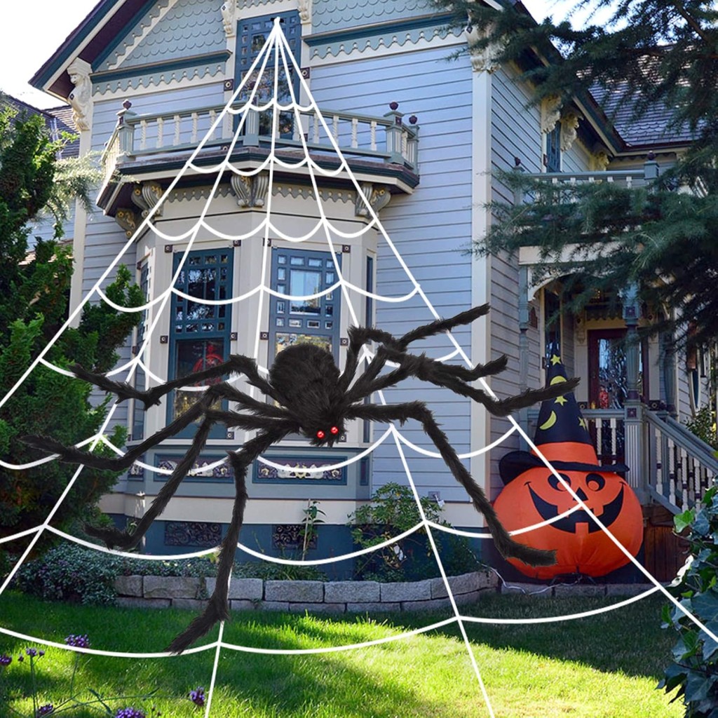 200" Halloween Spider Web + 59" Giant Spider Decorations Fake Spider with Triangular Huge Spider Web for Indoor Outdoor Halloween Decorations Yard Home Costumes Parties Haunted House Décor – photo 4 of 5