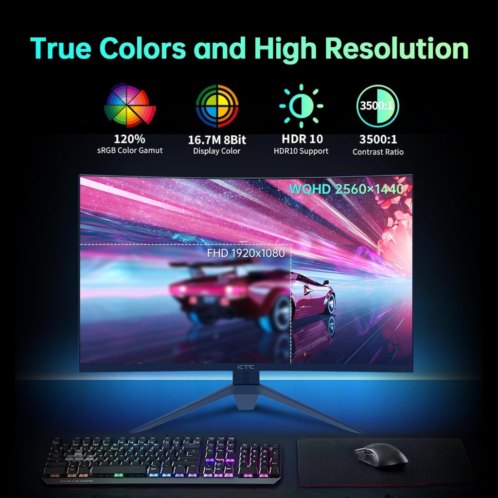 KTC 32 inch Curved Gaming Monitor, 165Hz 1ms MPRT, 2K 1440P 144Hz Monitor, 1500R HVA Display, FreeSync Premium, HDR, 120% sRGB, DisplayPort/HDMI/USB, Vesa Support 3.9x3.9'', PC Monitor for Gamers – photo 2 of 5