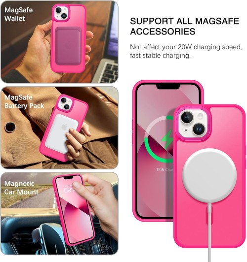 BENTOBEN Magnetic for iPhone 13 Case & iPhone 14 Case [Compatible with Magsafe] Translucent Matte Phone Case iPhone 13/14 Slim Fit Shockproof Women Men Protective Cover for iPhone 13/14 6.1", Hot Pink