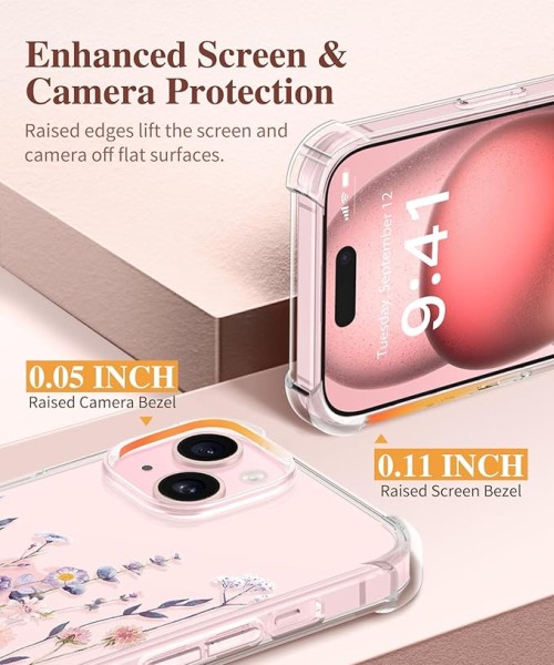 GVIEWIN for iPhone 15 Case, [5 in 1] with 2X Screen Protector & 2X Camera Lens Protector, Clear Soft Shockproof Slim Fit Floral Phone Cover for Women Girls 2023 6.1" (Floratopia/Colorful)