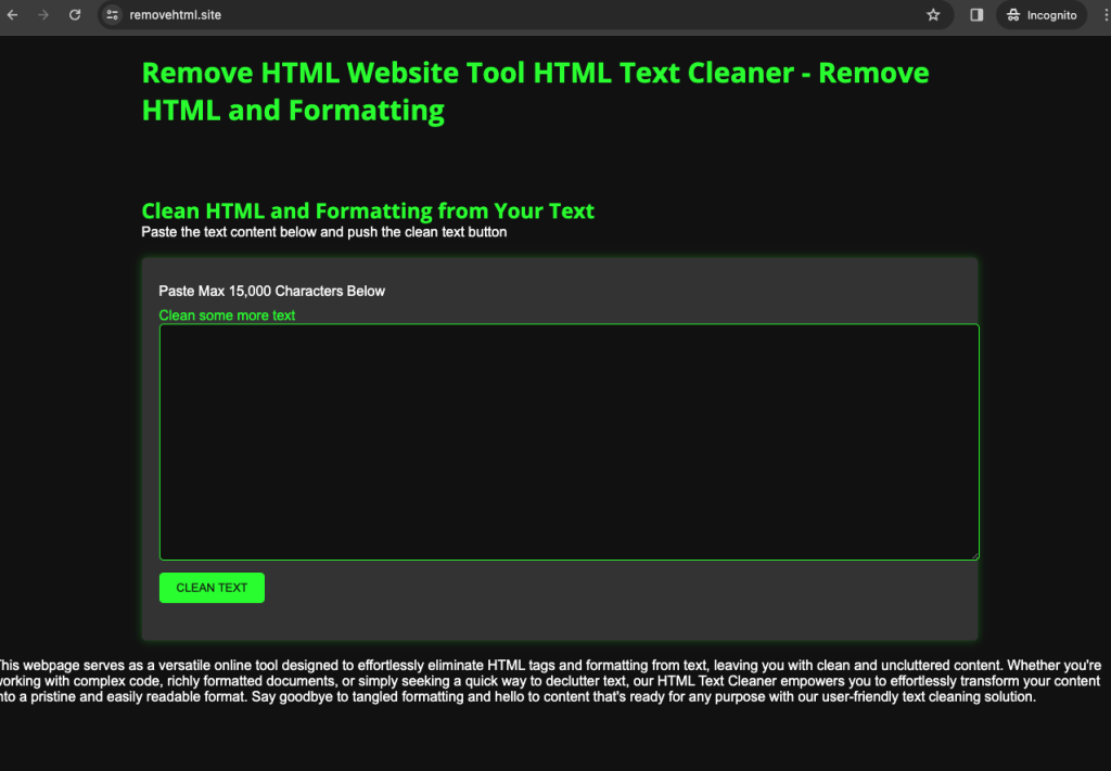 Remove the annoying HTML from ChatGPT with https://removehtml.site I…