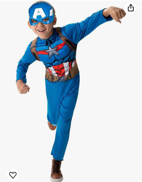 MARVEL Captain America Official Youth Costume - Premium Fabric Jumpsuit with Printed Design and Plastic Half Mask