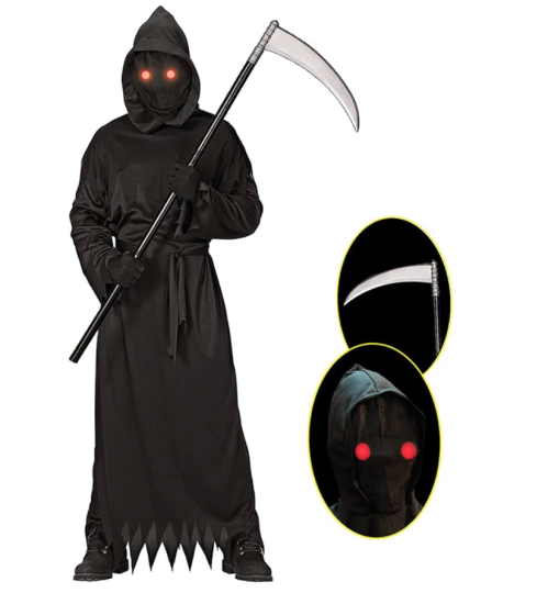 Grim Reaper Halloween Costume with Glowing Red Eyes for Kids, Scythe Included(medium)
