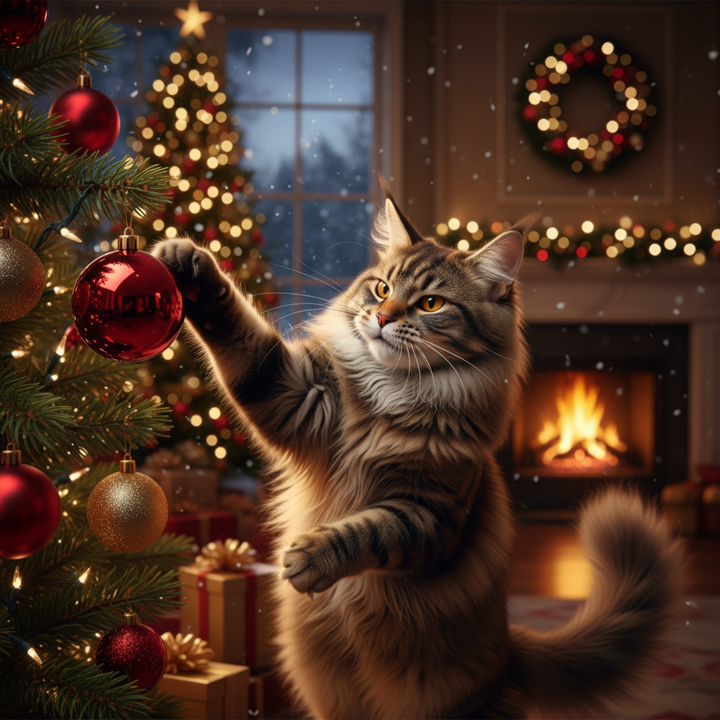 My cat's Christmas spirit usually consists of batting ornaments off…