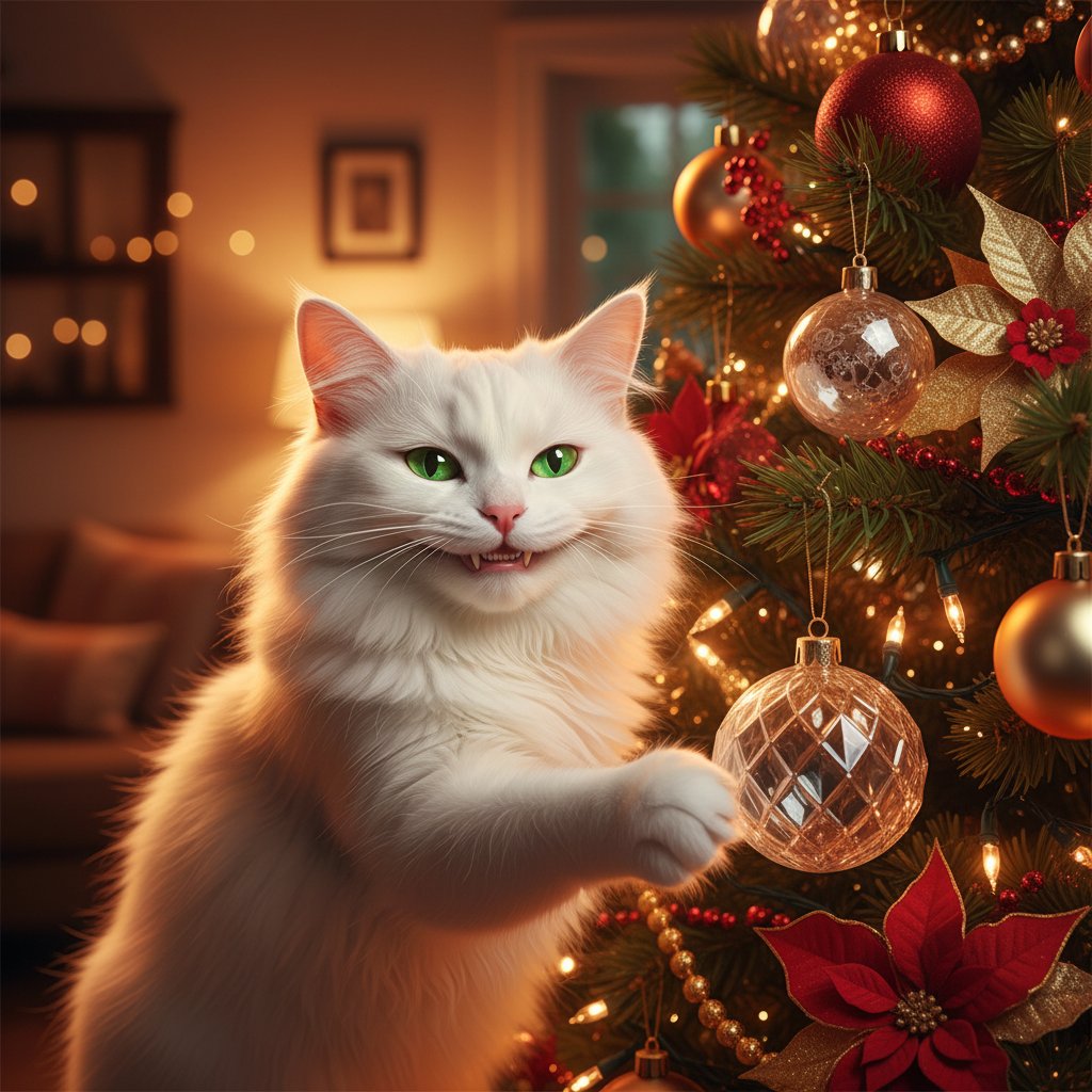 My cat's entire personality changes around the Christmas tree.