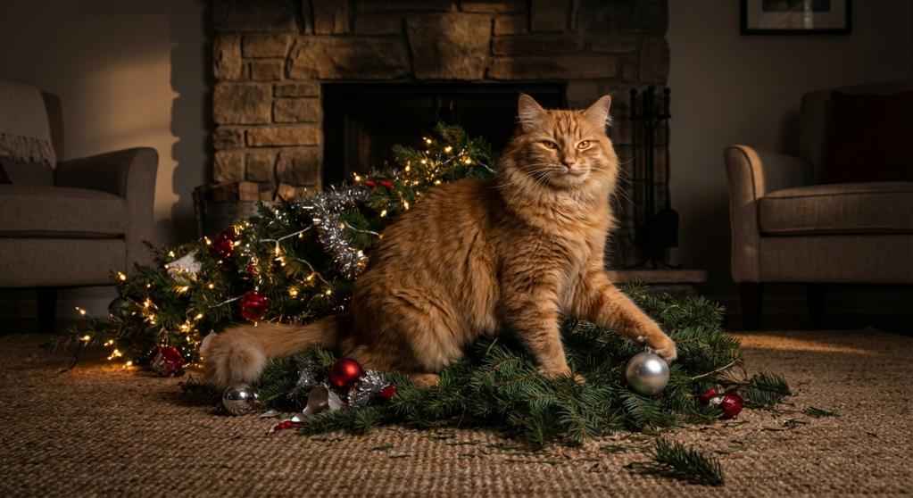 My cat's favorite Christmas tradition is pretending to be an ornament…