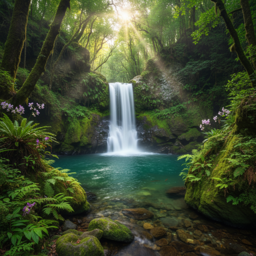 Exploring the serene beauty of a hidden waterfall, cascading into a…