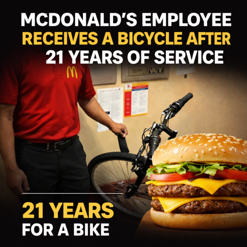 McDonald’s employee receives a bicycle after 21 years of service.