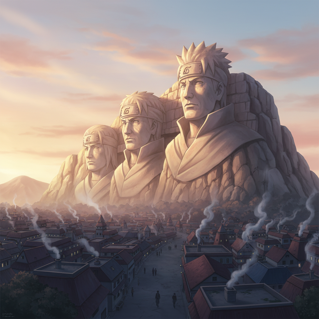 The first rays of sun paint the Hokage Rock monument in soft hues.