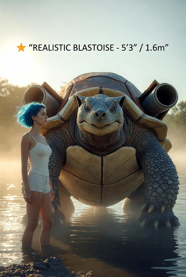 Blastoise in real life would actually be 5'3” (1.6m)… and somehow…