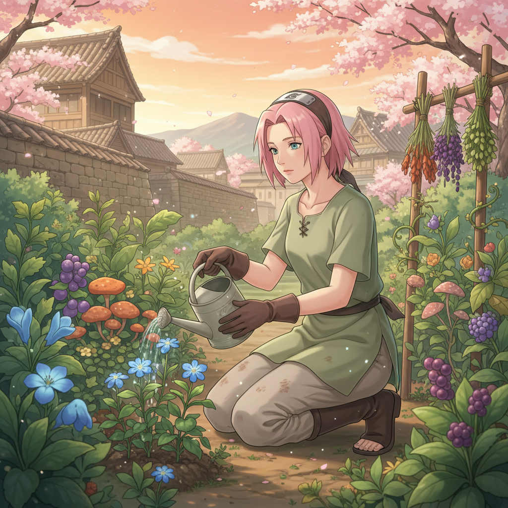 The morning sun warms Sakura's face as she tends to the medicinal…