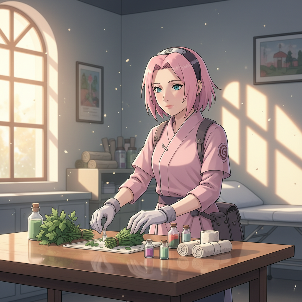 The morning sun warms Sakura's hands as she meticulously prepares her…