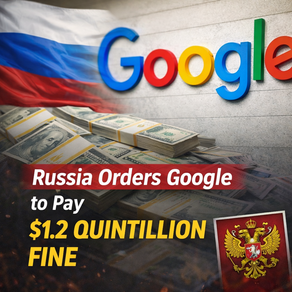 Russia orders Google to pay a record $1.2 quintillion fine.