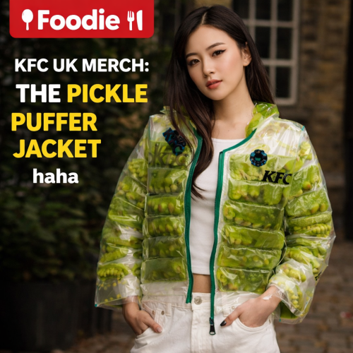 KFC really made a jacket… filled with PICKLES 😭🥒 Yes this is real.