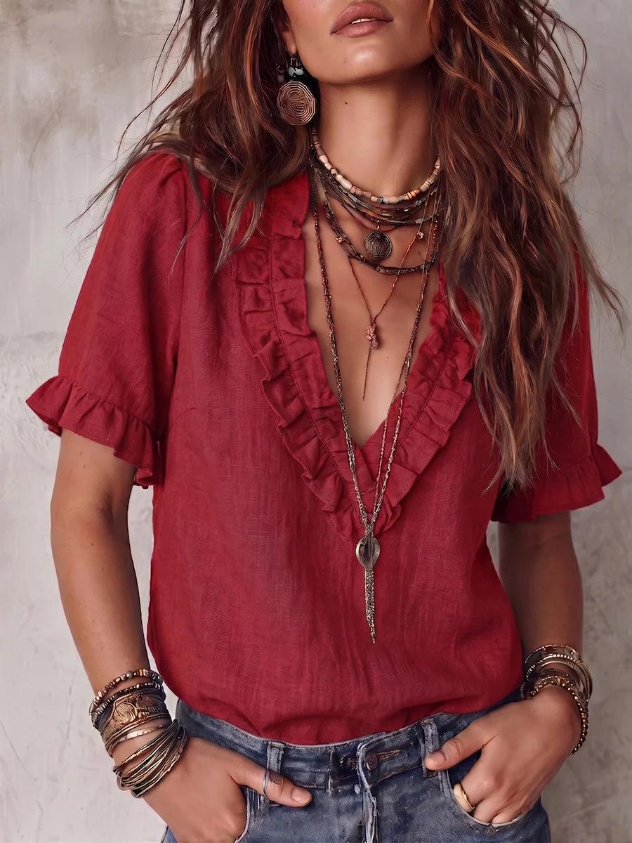Cotton Pleated V-neck Casual Shirt Top Womens Clothing – photo 3 of 3