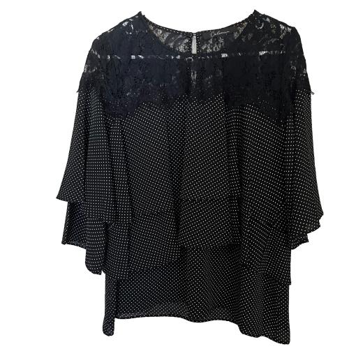 Women’s L Black Lace Polka Dot Top Tiered Ruffle Artsy Flowy Romantic Feminine