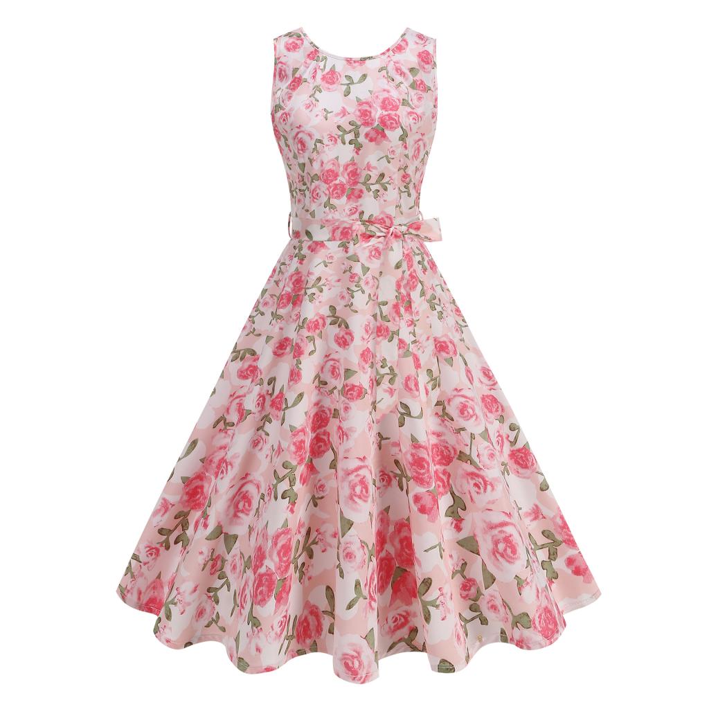 Retro Elegant Waist-tied Sleeveless Big Swing Printed Dress Summer New