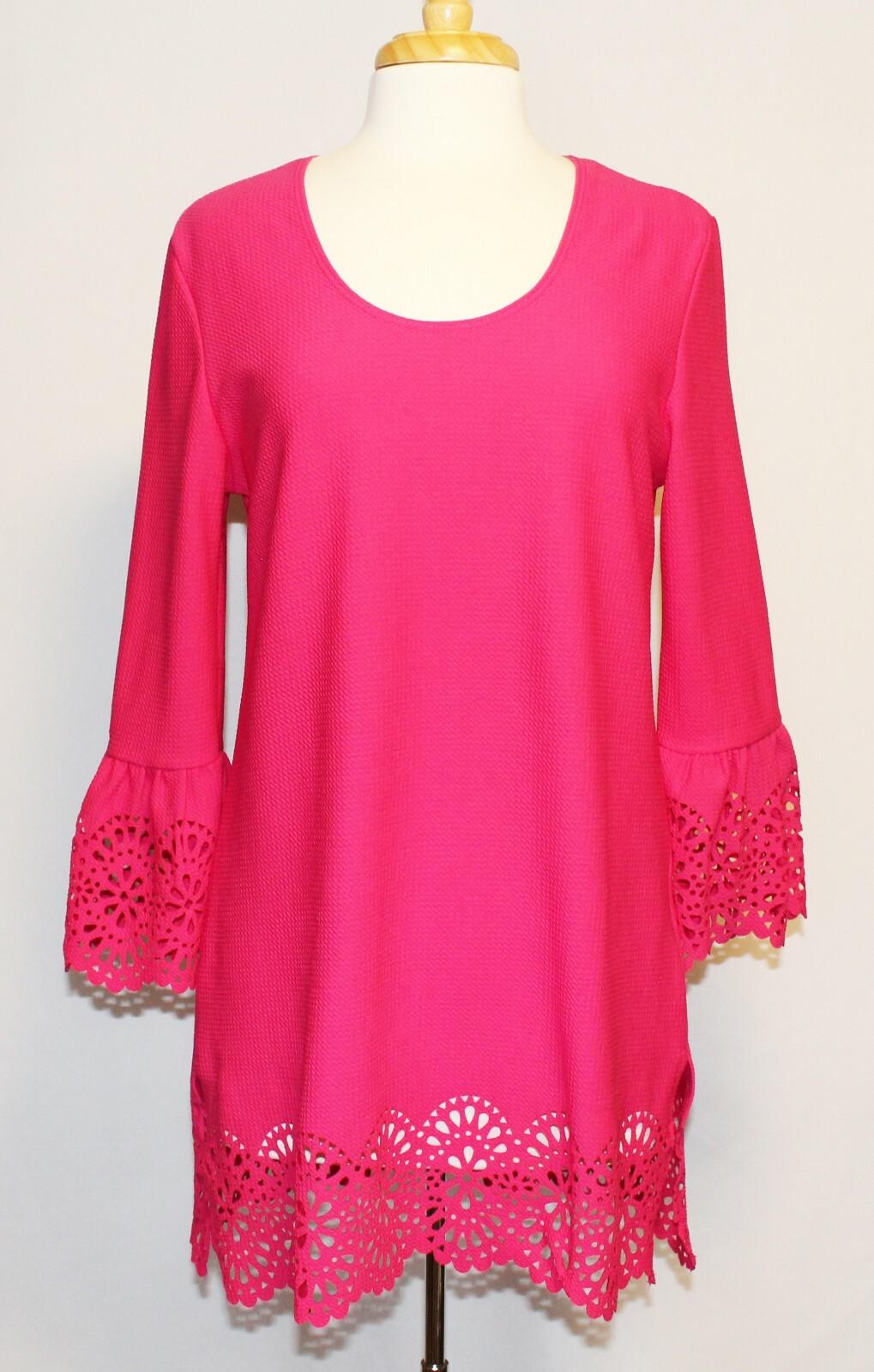 HSN Slinky Brand Azalea Pink Flounce Sleeve Tunic Top with Laser Cut Trim NWT