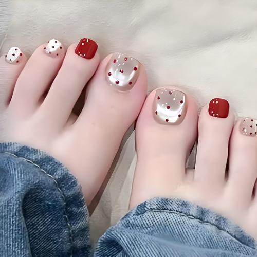 24-piece Short Rectangular Fingernail Red Dot Pressing Type Cat-eye Nail Stickers For Toes, Inclu…