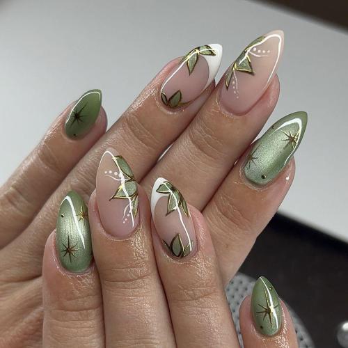24-piece Short Almond-shaped Press-on Nail White Edge French-style Faux Nails With Cat-eye Starbu…