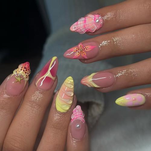 24 Pieces Of Short Almond-shaped Press-on 3D Scallop-shaped Nail Artificial Nails With Gemstone I…