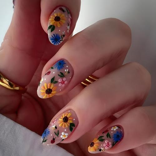 24 Pieces Of Short Almond-shaped Wearable Acrylic Nail Stickers Featuring Yellow Flowers And Bees…