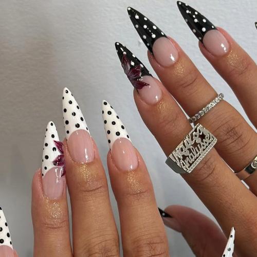 24 Pieces Of Long, Pointed Acrylic Nail Stickers With Dot Patterns, Pressed-style 3D Flower-shape…
