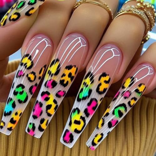 24 Pieces Of Long-style Coffin-style Leopard-pattern French Press-style Acrylic Nail Gradient Nai…