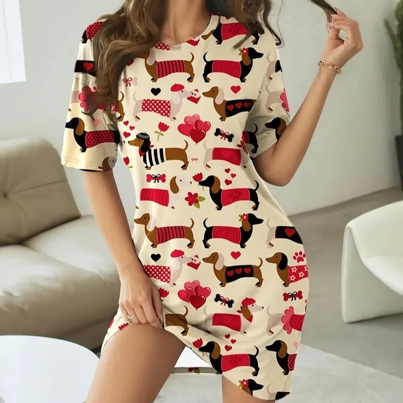 Loving-Heart Short-Sleeve Cute Printed Nightdress Breathable Loungewear Set