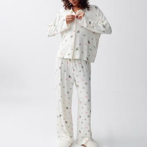 Printed Lapel Long-sleeve Pajama Set With Long Pants