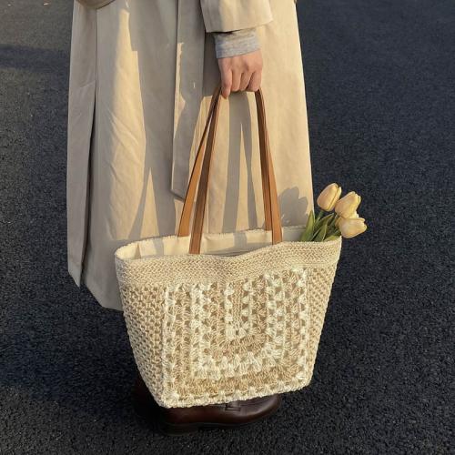 Color-block Hollow-out Hand-woven Straw Bag For Women