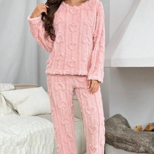 Loving-heart Jacquard Coral Fleece Top And Pants Two-piece Set