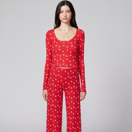 Bow-knot Floral-print Long-sleeve Pants Two-piece Loungewear Set