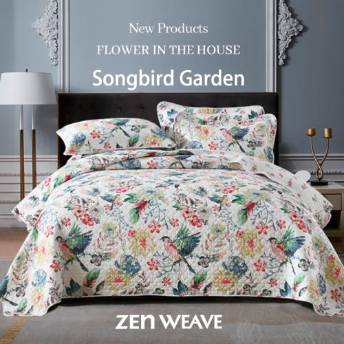 Cotton Reversible Quilt Bedspread Set Watercolor Songbird Garden Floral Print Botanical Bird Of P…