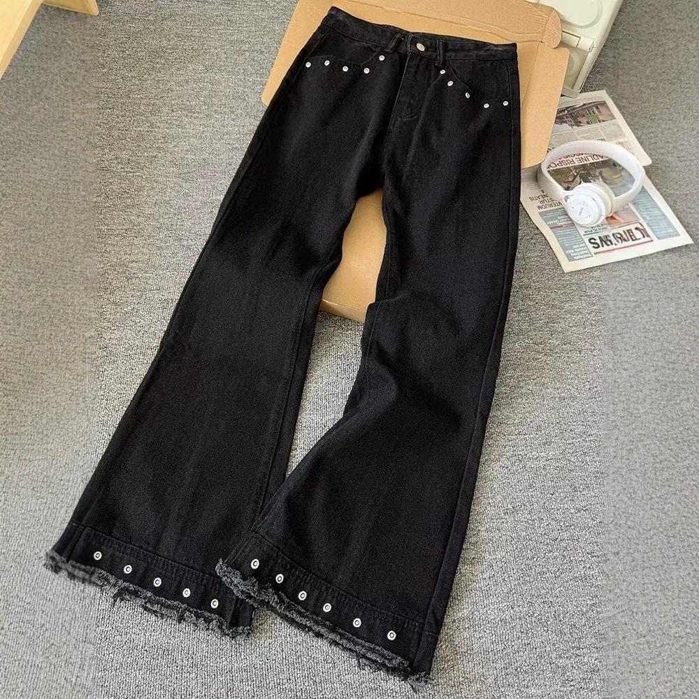 Mens Black Raw-Edged Rivet Jeans
