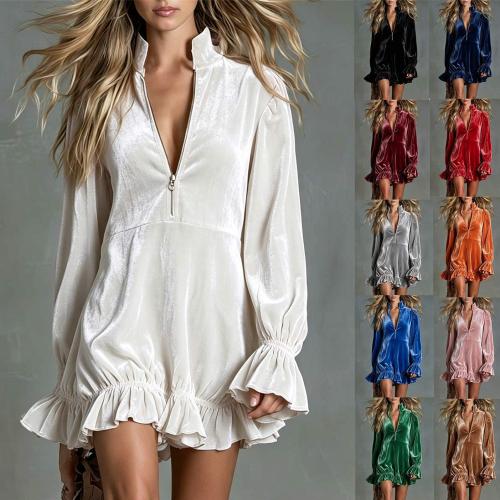 Velvet Lantern-Sleeve Ruffled Peter-Pan Collar Shirt Dress For Women