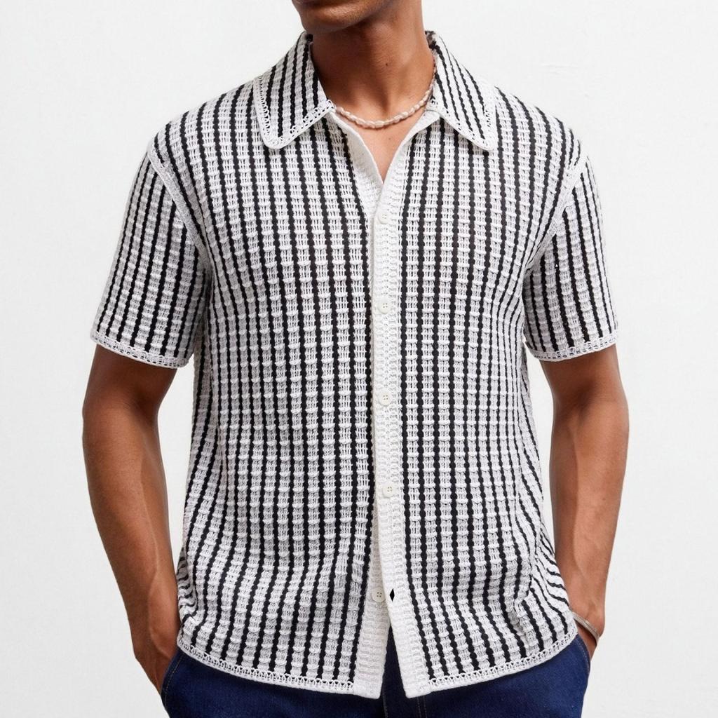 European And American-style Mens Striped Hollow-out Knit Sweater