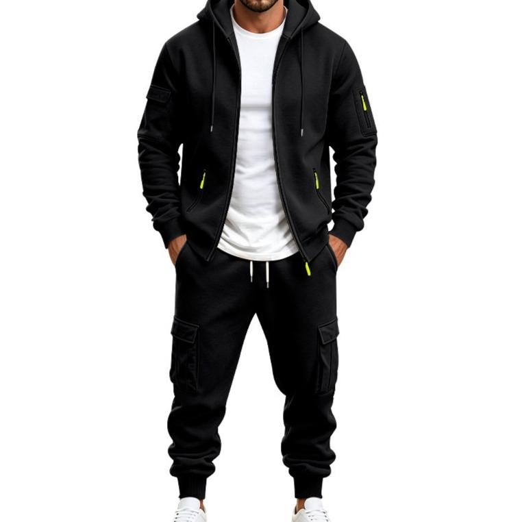 Mens Fleece-lined Loose-fit Casual Hoodie And Pants Set