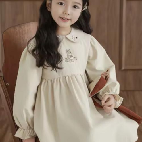 Long-sleeved Children's Cotton Rabbit Embroidered Dress