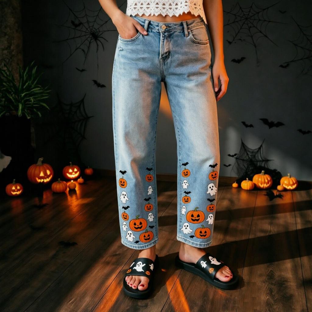 Printed Wide-leg Pants High-waisted Casual Jeans