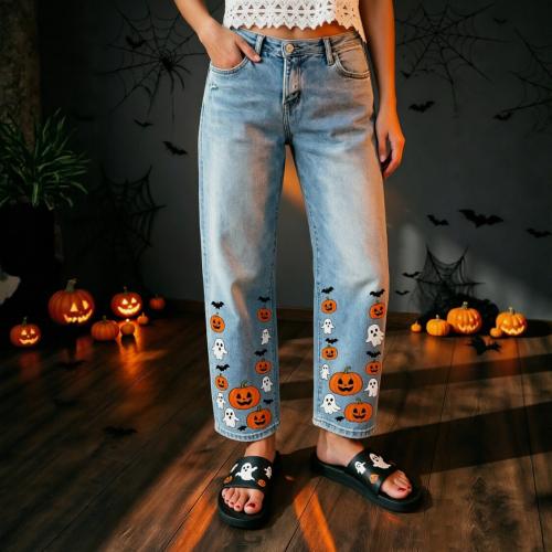 Printed Wide-leg Pants High-waisted Casual Jeans