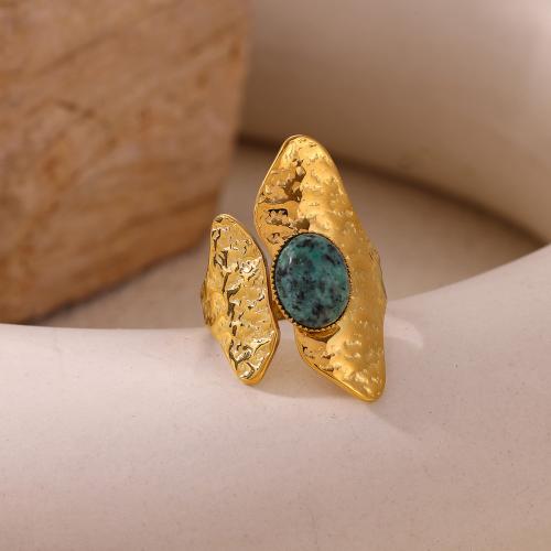 Mid Ancient Style Natural Stone Titanium Steel Ring For Women, 18K Gold Plated Geometric Asymmetr…